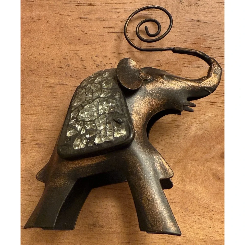 Vintage Metal Elephant With Glass Picture‎ Holder Note Card Photo Ornate Animal